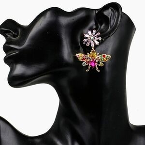 5/$50 EUC Jewel Colored Rhinestone And Flower Bee Earrings